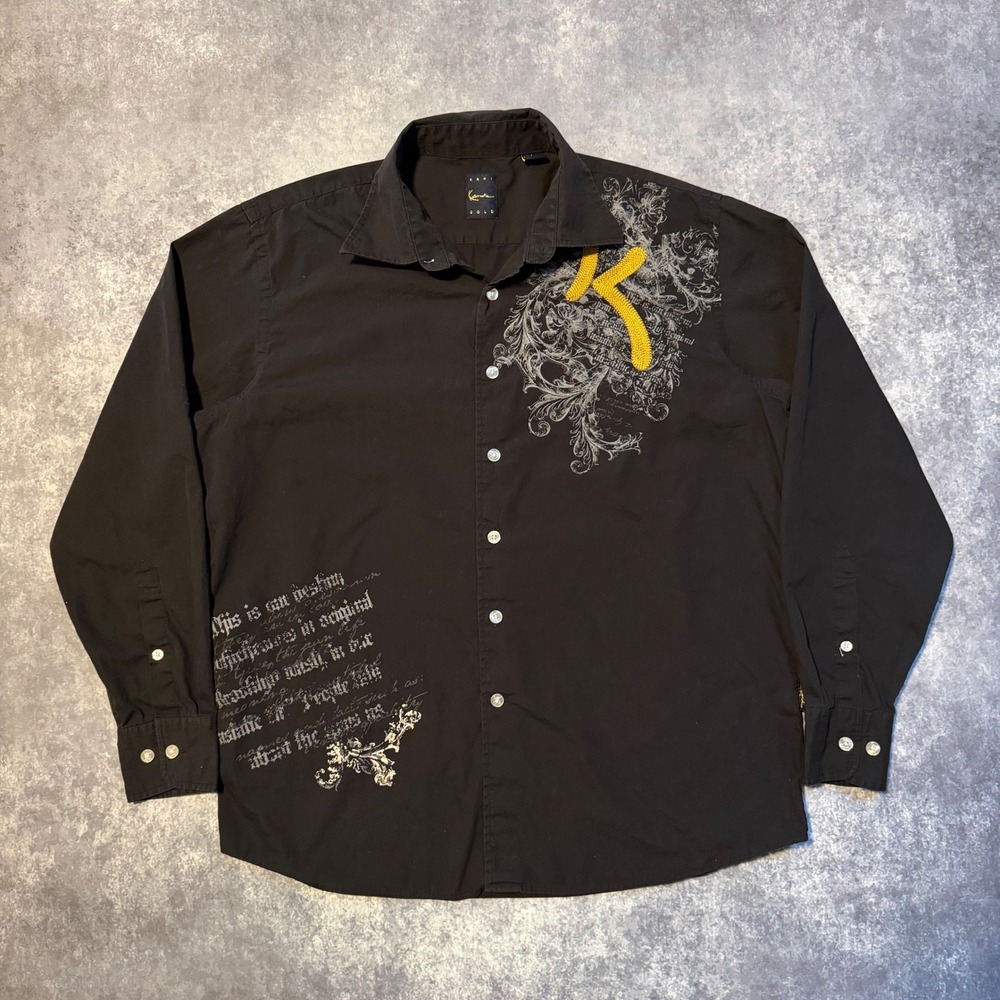 Y2K Kani Gold Mens Black Long Sleeve Button Up Shirt Graphic Print K Logo Size L - Picture 2 of 5